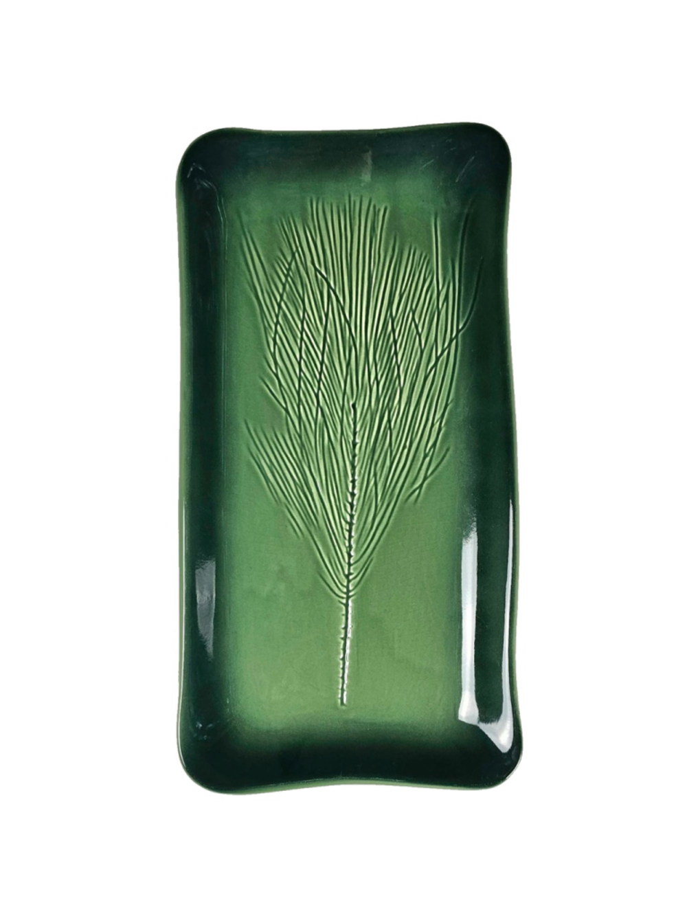 Kay Wayne Signed Pottery Green Pine Sprig Rectangular Tray Decor 13" x 6.5"